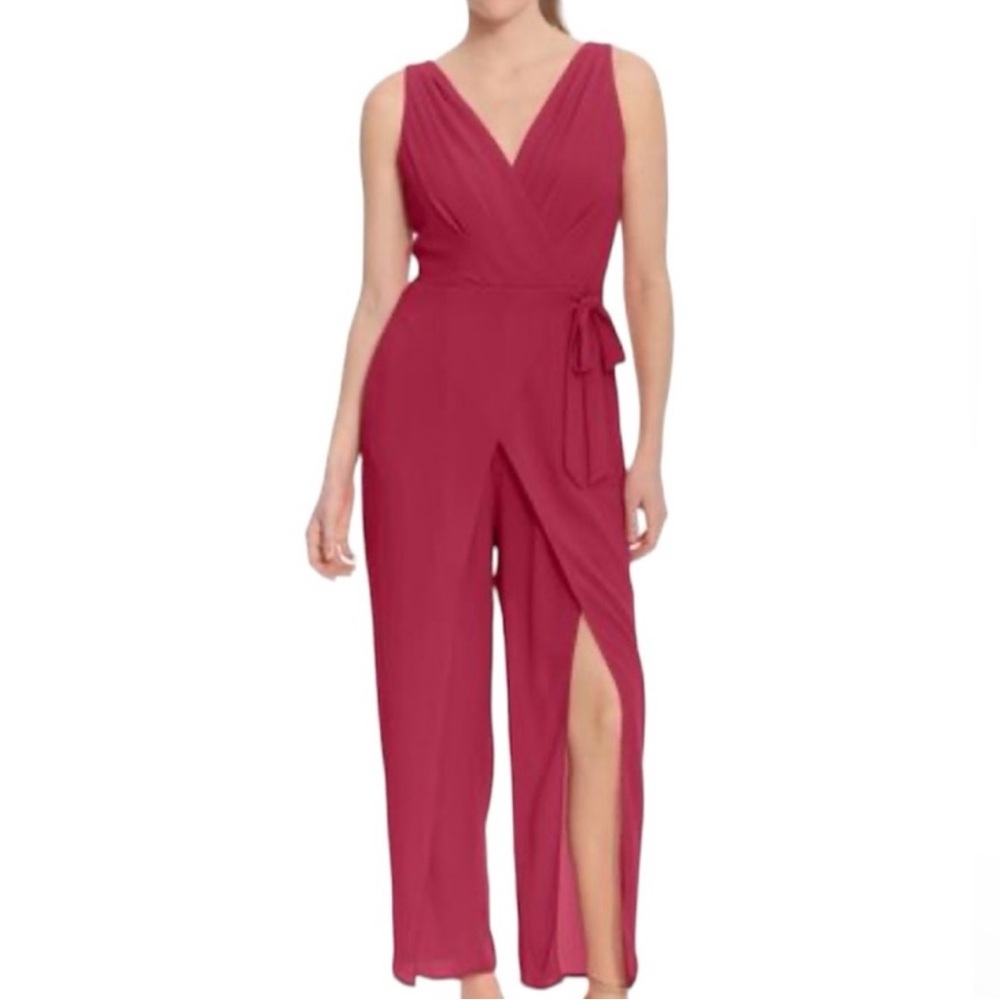 London Times Pink Faux Wrap Jumpsuit Straight Leg Front Slit Size 8
